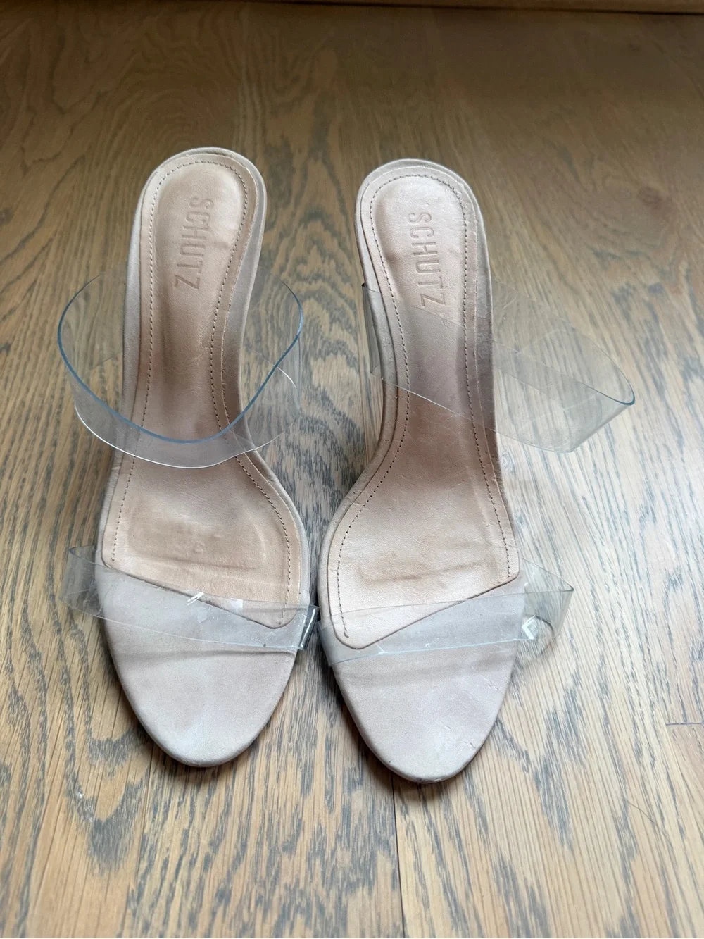 Schutz Ariel’s Clear Strap Suede Heels in Beige
